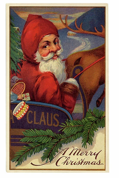 Santa Claus on his sleigh pulled by a reindeer, c.1900 (chromolithograph)