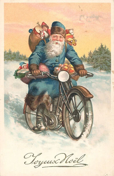 Santa on a motorbike (chromolitho)