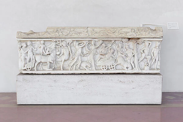 Sarcophagus with dionysiac ceremonial procession, 160-180 AD, Luni marble, National Roman Museum at the Baths of Diocletian, Rome, Italy
