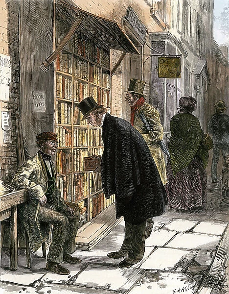 Saving used books in a street in the United States, years 1800. Colour engraving of the 19th century