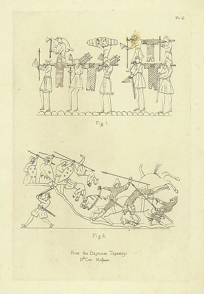 Saxon and Norman Military Costume from the Bayeux Tapestry, illustration from Illustrations of Medieval Costume in England, 1851 (engraving)