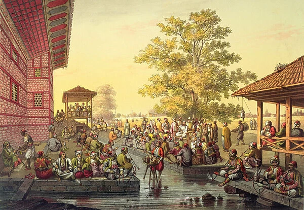Scene in Bursa depicting a storyteller, mid 19th century (colour litho)