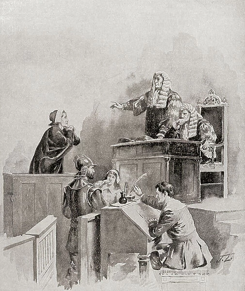 A scene in the courtroom during The Salem witch trials of 1692. From The History of Our Country, published 1899