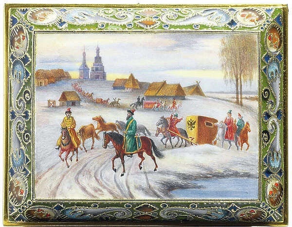 Scene depicting an eighteenth century cortege with the Imperial Coach in a winter landscape, c. 1908-1917 (cloisonne)