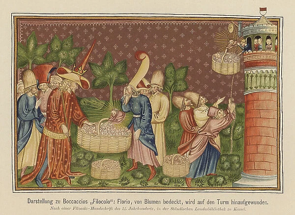 Scene from Giovanni Boccaccio's Il Filocolo (colour litho)