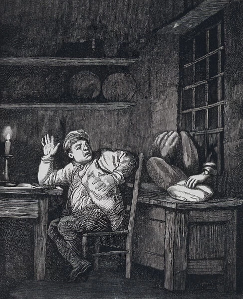 Scene from Les Miserables, by Victor Hugo: Jean Valjean steals a loaf of bread (engraving)