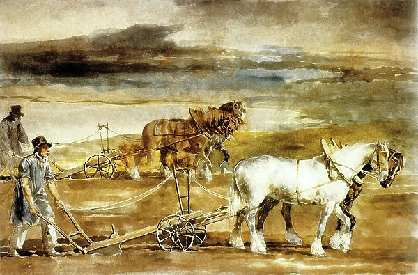 Scene of ploughing in England, c.1820 (watercolour )