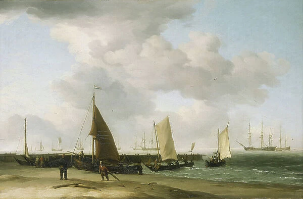 Scene on the shore, with a war building on the horizon. Oil on canvas, 18th century, by Charles Brooking (1723-1759)