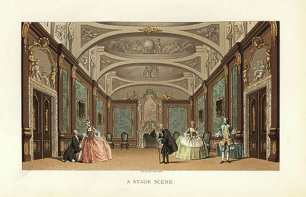 Scene from a stage play in an 18th century Paris theatre. Chromolithograph from Paul Lacroix The Eighteenth Century: Its Institutions, Customs, and Costumes, London, 1876