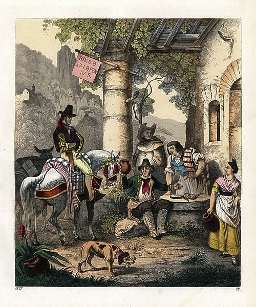 Scene at a tavern in Andalusia, Spain, mid-19th century. A seated man with jug of wine invites a traveler inside. Handcoloured lithograph from Carl Hoffmann's Book of the World, Stuttgart, 1857