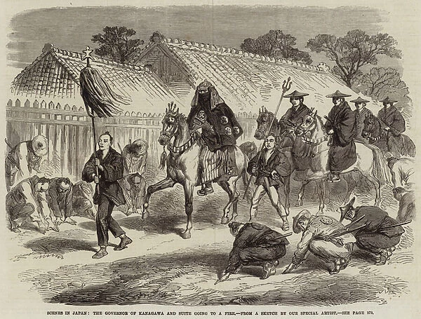 Scenes in Japan, the Governor of Kanagawa and Suite going to a Fire (engraving)