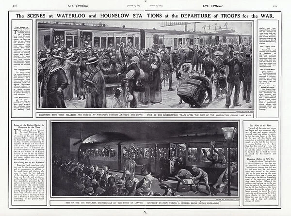 The scenes at Waterloo and Hounslow Stations at the departure of troops for war, World War I, August 1914 (litho)