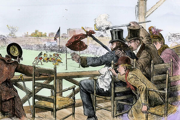 School football match (tournament between high schools), circa 1880. The audience appreciating the game from the bleachers. Illustration 19th century. Engraving on wood colour