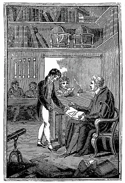 Schoolmaster and pupils. A boy is showing his geometry exercise to the master. Frontispiece of George Fisher The Instructor: or, Young Man's Best Companion London, c1820. Woodcut
