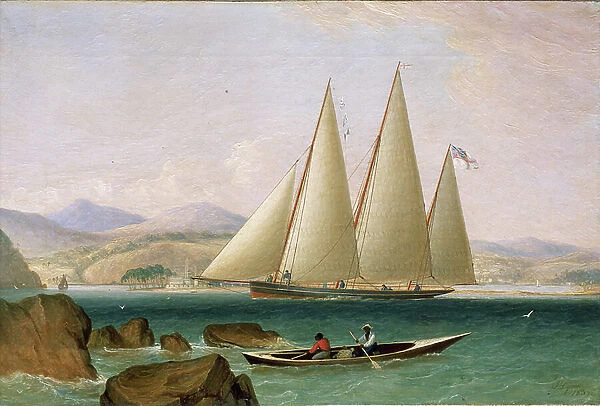 A schooner off Port Royal, at the entrance to Kingston (Jamaica). Oil on canvas, 1834, by John Lynn (active in the early 19th century)