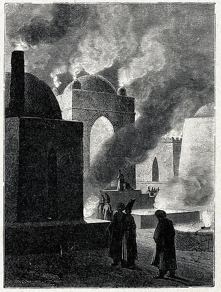 Science. Energie. Temple devoted to the fire in Baku, Azerbaijan. Gravure in : Grands hommes et grands faits de l'industrie, France, c.1880 (engraving)