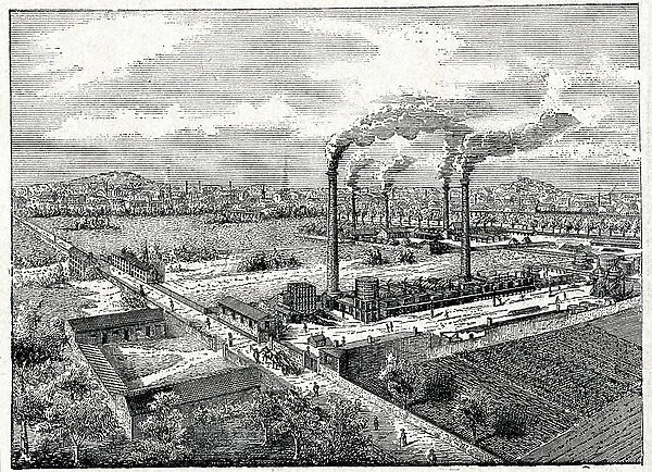 Science. Energy. Oil refinery at Pantin, Paris. Engravingin: Grands hommes et grands faits de l'industrie, France, c.1880 (engraving)