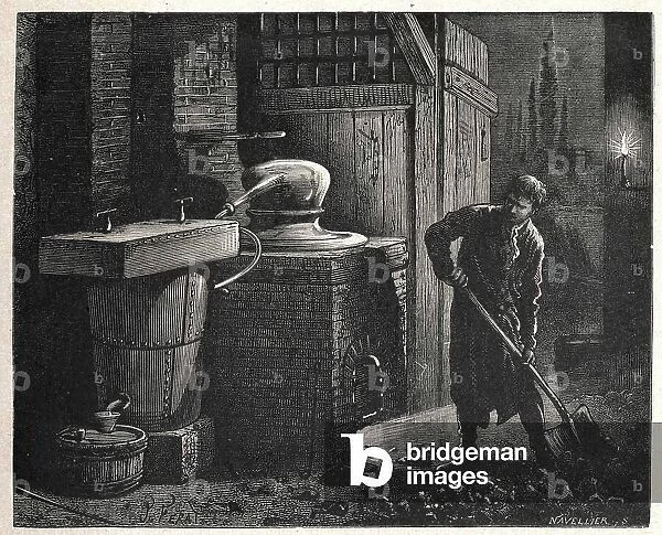 Science. Isaac Berard test his still. Engraving in: Grands hommes et grands faits de l'industrie, France, c.1880 (engraving)