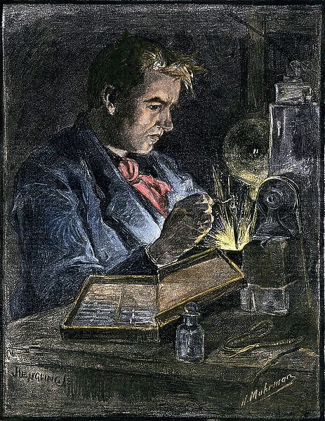 Science and scientists: Thomas Alva Edison (1847-1931), American scientist and inventor at work, years 1870. Colour engraving of the 19th century