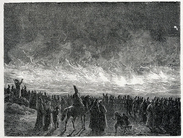 Sciences. Energy. Oil fire on the Caspian Sea. Gravure in : Grands hommes et grands faits de l'industrie, France, c.1880 (engraving)