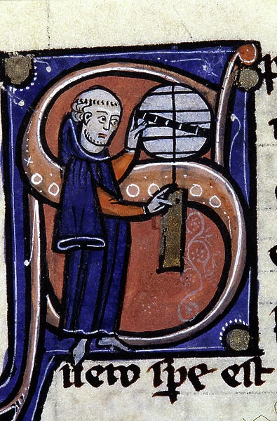 A scientist performing a calculation on an armillary sphere (' S'). Manuscript of the works of Aristotle, 13th century