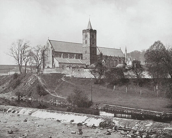 Scotland: Dunblane Cathedral from River (b / w photo)