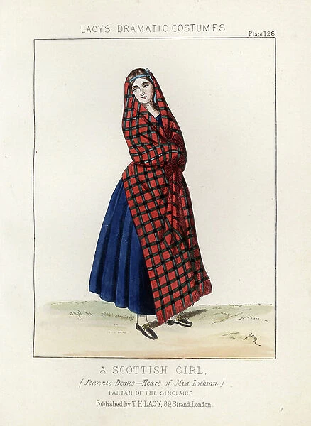 Scottish girl wearing the Sinclair tartan, national costume, 19th century. Based on the character Jeannie Deans in a staging of Sir Walter Scott's 'Heart of Midlothian.' Handcoloured lithograph from Thomas Hailes Lacy's ' Female Costumes