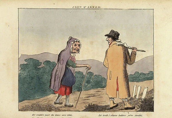 Scottish traveller John o Arnha encounters a witch on a road. Her coatties pat the knees were kiltit, In eldrich notes she croone'd an liltit... Handcoloured copperplate engraving from George Beattie's John o Arnha, Montrose, Scotland, 1826