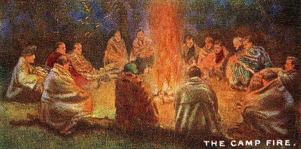 Scouts round a Camp Fire, 1929 (colour litho)