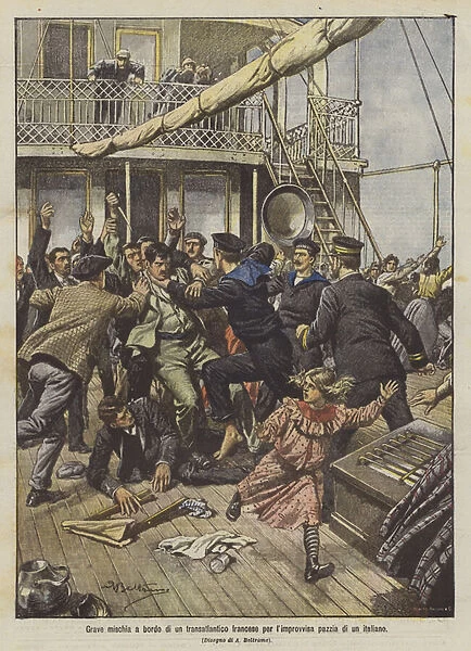 Serious scrum on board a French transatlantic for the sudden madness of an Italian (Colour Litho)