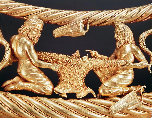 Two Scythians sew a shirt cut out of an animal skin (gold) (detail of 343656 and 343171)