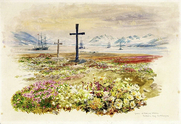 Search Bay (Research Bay, Tasmania, Australia), two crosses planted in flower beds with ships in the distance. Watercolor, 1907, by William Lionel Wyllie (1851-1931)