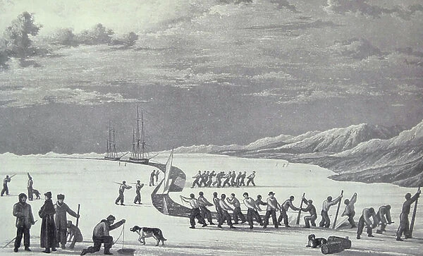 The search for a North-West passage: The crews of Parry's ships, the Hecla and Griper, cutting through the ice for a winter harbour, 1819