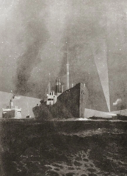 Searchlights of British destroyers sweeping the Thames estuary, London and guarding Britain's food supplies during WWI (litho)