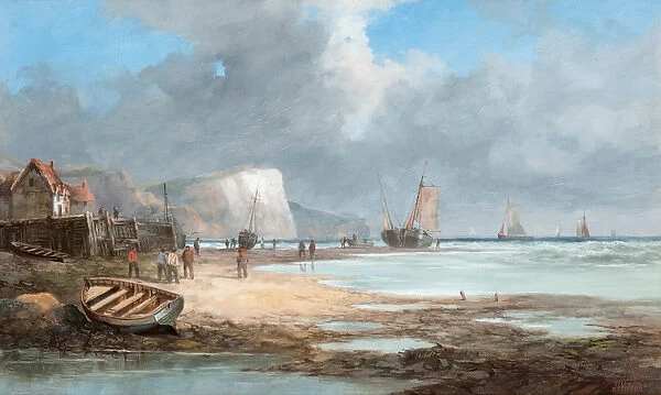 Seascape with Fishing Boats and a House, 19th century (oil on board)