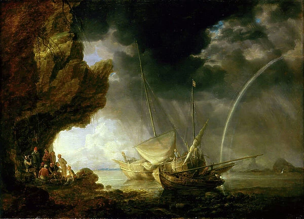 Seascape with sailors sheltering from a rainstorm, mid 17th century (oil on panel)