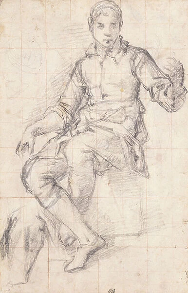 A Seated Boy, (black white and red chalk)