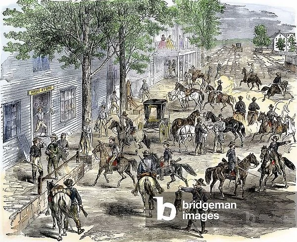Secession War (1861-1865): Confederate cavalry ransacked New Windsor, Maryland. Colouring engraving of the 19th century