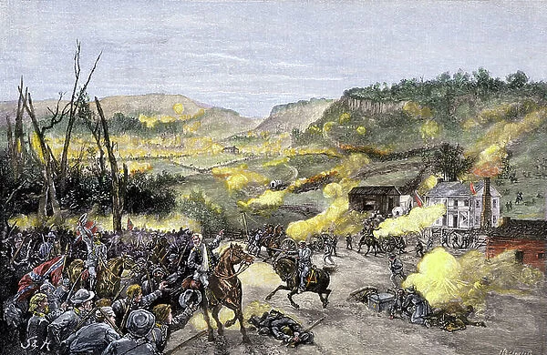 Secession War (1861-1865): Confederate troops coming from Elkhorn Tavern during the Battle of Pea Ridge, Arkansas on March 8, 1862. Coloured engraving of the 19th century