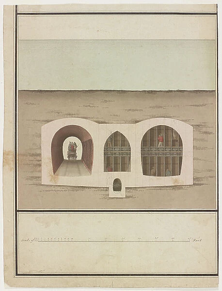 Section of the Thames Tunnel with stagecoach and shield, c. 1818-39 (watercolour on paper)