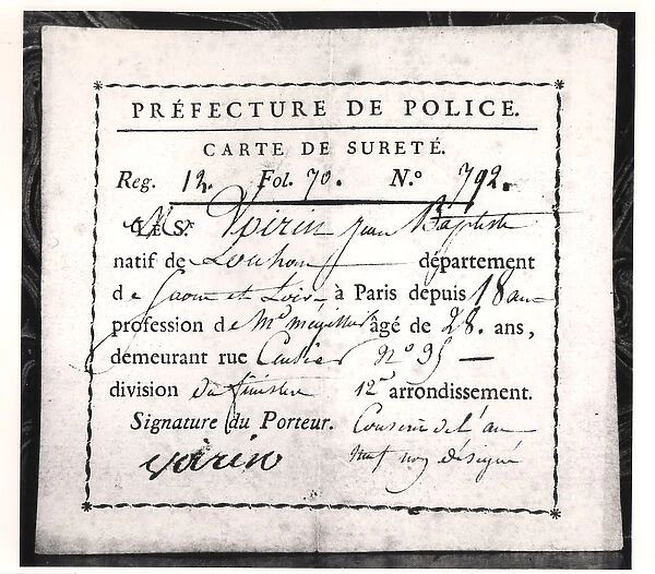 Security card, 1808 (pen and ink on paper) (b  /  w photo)
