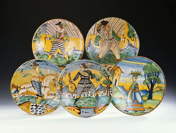 A selection of Montelupo circular dishes, most c. 1640 (ceramic)