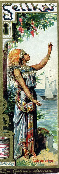 Selika in African costume. Alphabet (ABC or abecedary) of female names on the theme: feminine costumes and operas. Liebig advertising chromolithography. Private collection