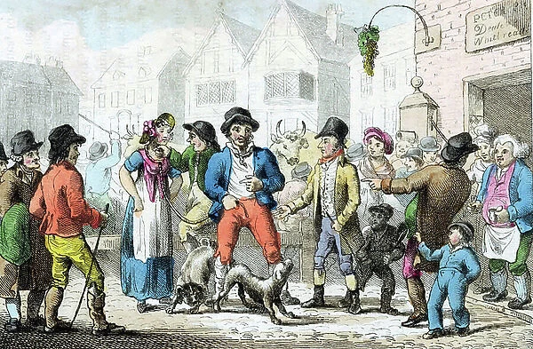 Selling a Wife to highest bidder, UK, 1816 (engraving) 1816