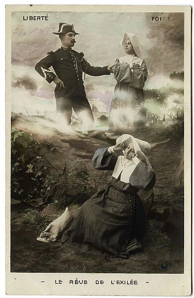 Separation from Church and State: ' the dream of exile' religious in exile, embodiment of the Faith, complacent in its role as victim, claiming to be arrested by a peacekeeper. 1905
