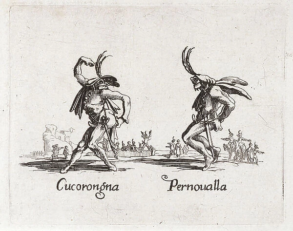 Serie ' Balli di sfessania' (also known as Curucucu or ' Les Dances', ' Les Pants', ' Les Polichinelles' or ' Dance of Defesses'): Cucurongna and Pernoualla. Characters of the commedia dell'arte