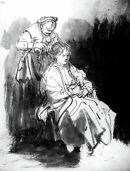 A servant doing a woman's hair, drawing by Rembrandt van Rijn (1606-1669)
