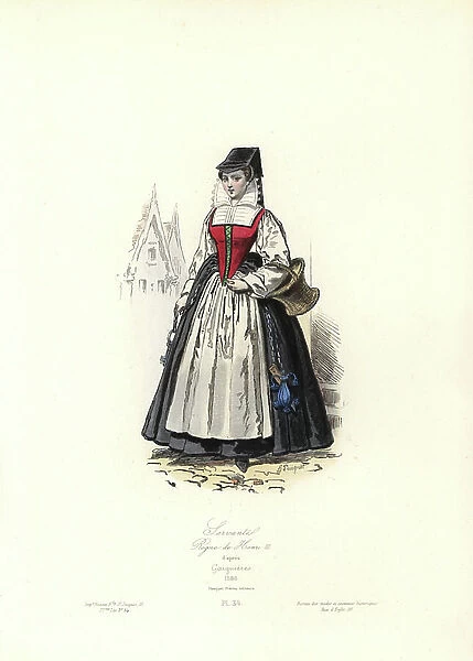 Servant woman, reign of Henry III, 1586. Handcoloured steel engraving by Hippolyte Pauquet after Gaignieres from the Pauquet Brothers ' Modes et Costumes Historique' (Historical Fashions and Costumes), Paris, 1865. Hippolyte (b)