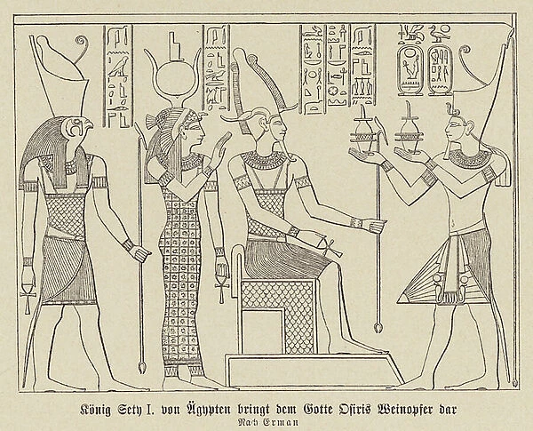 Seti I of Egypt offering wine to the god Osiris (litho)