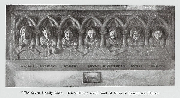 The Seven Deadly Sins, bas-reliefs in Lynchmere Church, Sussex (b / w photo)